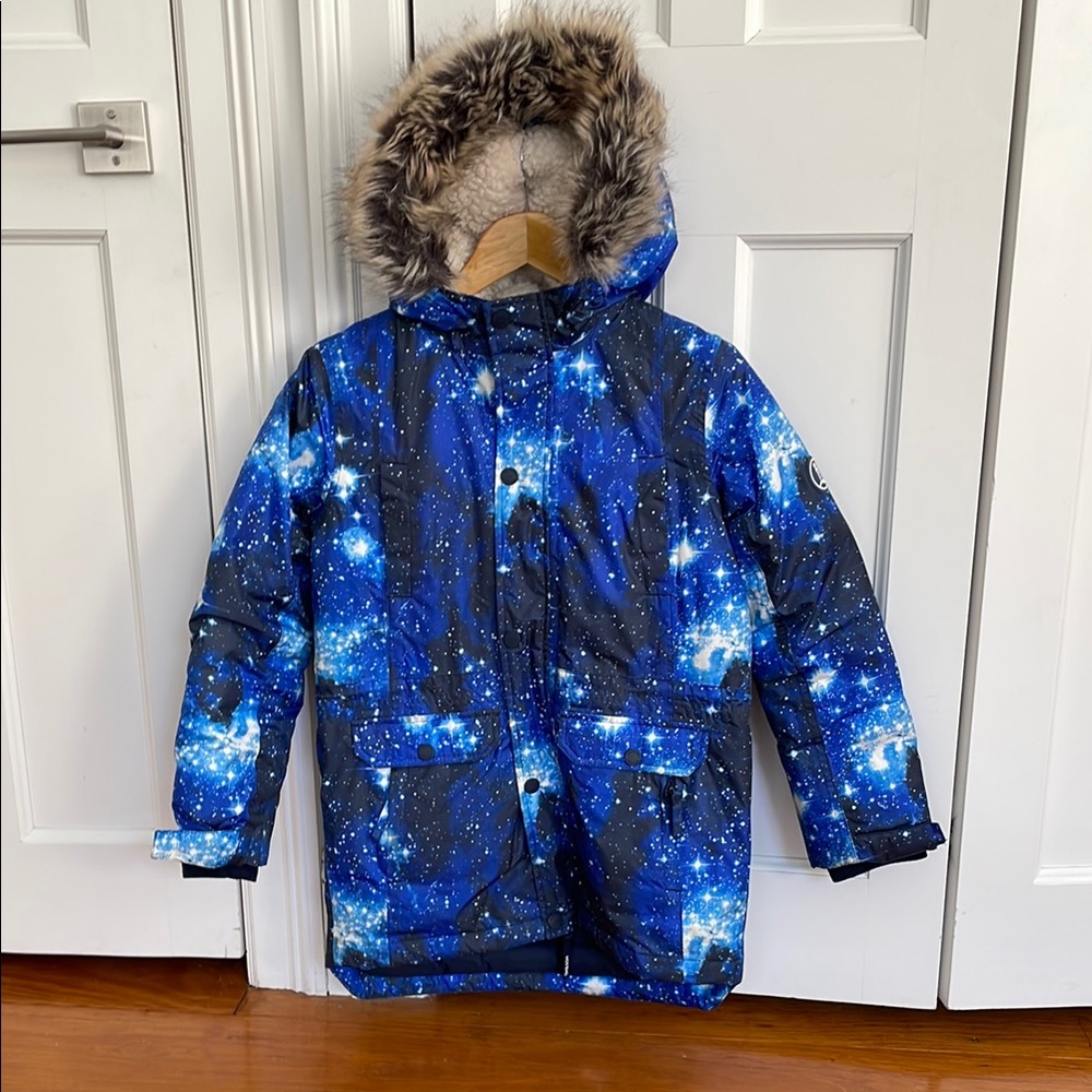 Blue Galaxy Print Parka with Fur Hood